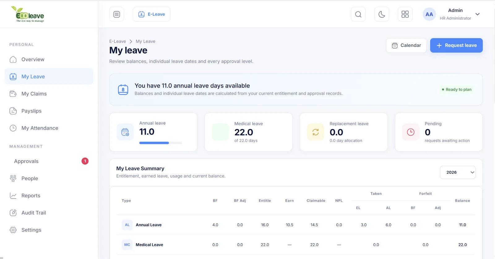 Employee leave balance and history
